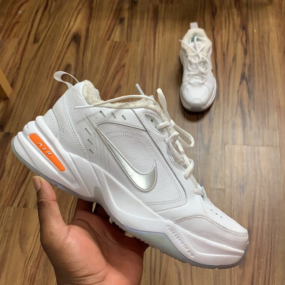 Nike Air Monarch IV “Snow Day” – White / Total Orange / Metallic Silver Training Sneakers (Size 7 +)
