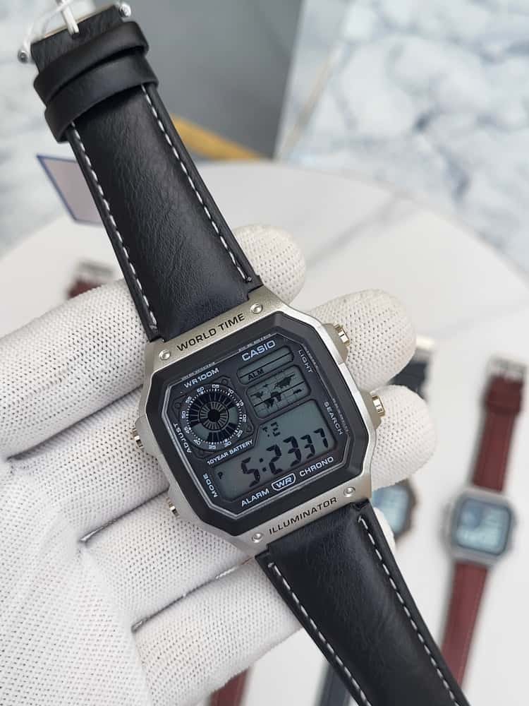 Casio World Time – Silver Dial with Black Leather Belt | Premium Classic Watch